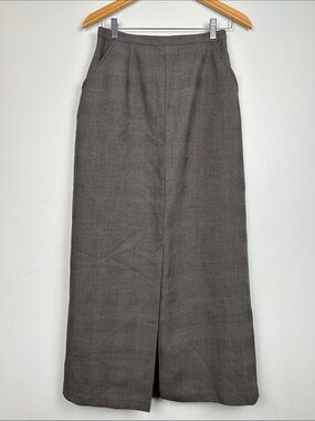 Vintage 100% Wool plaid houndstooth maxi skirt lined old money pockets office